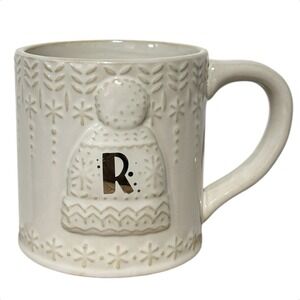 ANTHROPOLOGIE "R" Monogram Knit Hat Textured Mug Ivory Ceramic Coffee Cocoa
